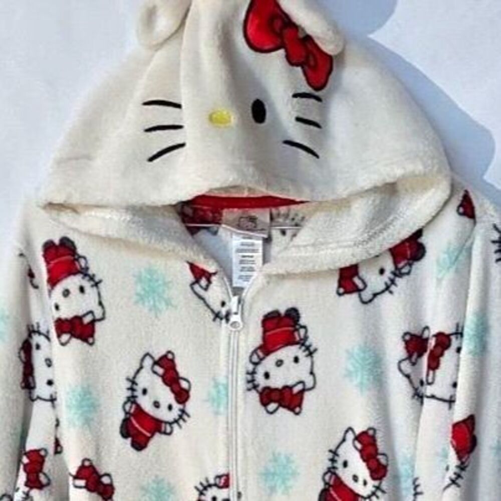 Hello Kitty Sanrio Christmas Fleece Onesie Pajamas Hooded Santa Hat Size Large
